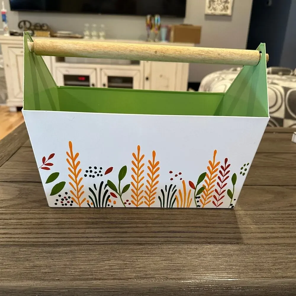 White Hand Painted Floral Metal Caddie With Wooden Handle